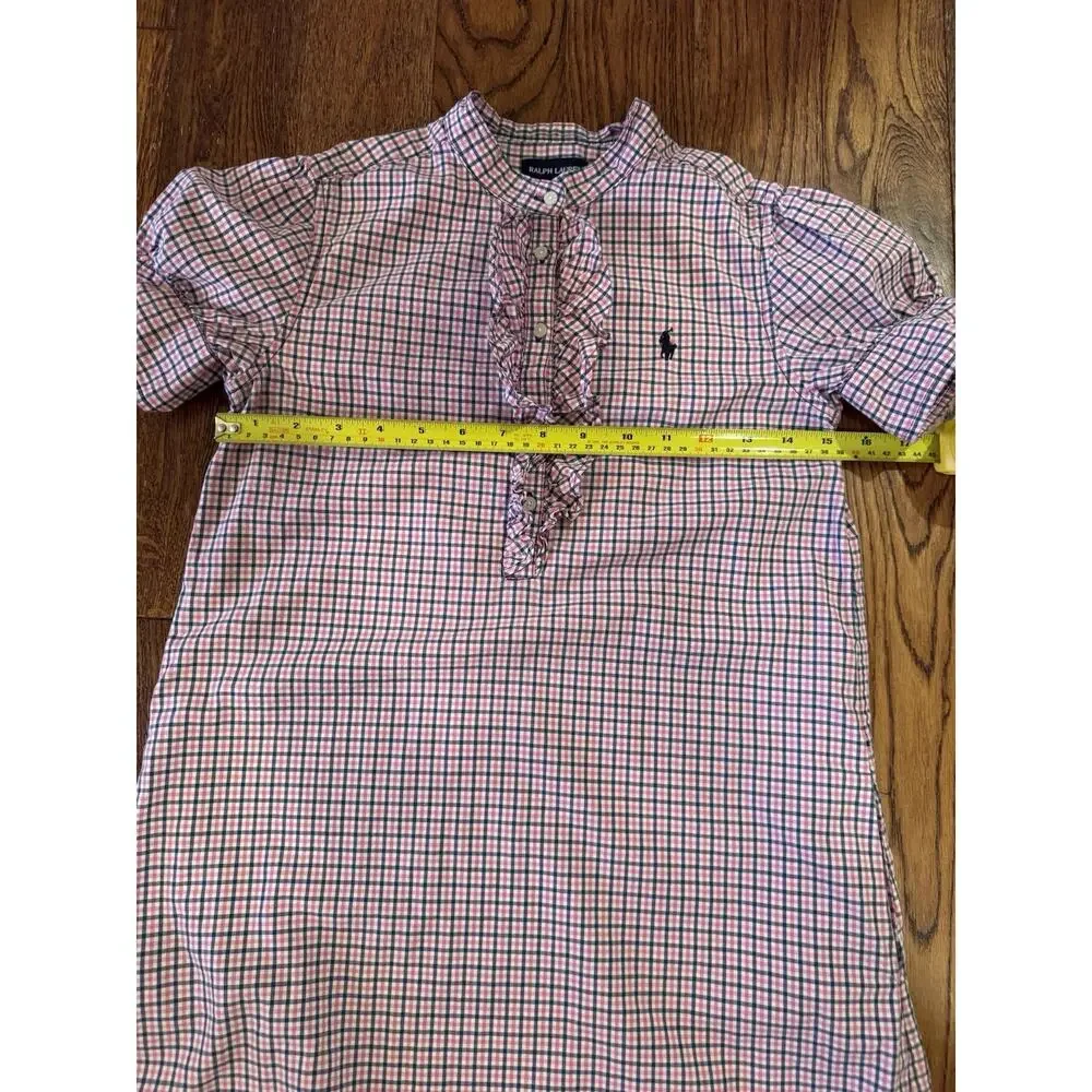 Ralph Lauren Girls 12 Ruffle Shirt Dress Pink Navy Polo Pony Plaid Puff Sleeves